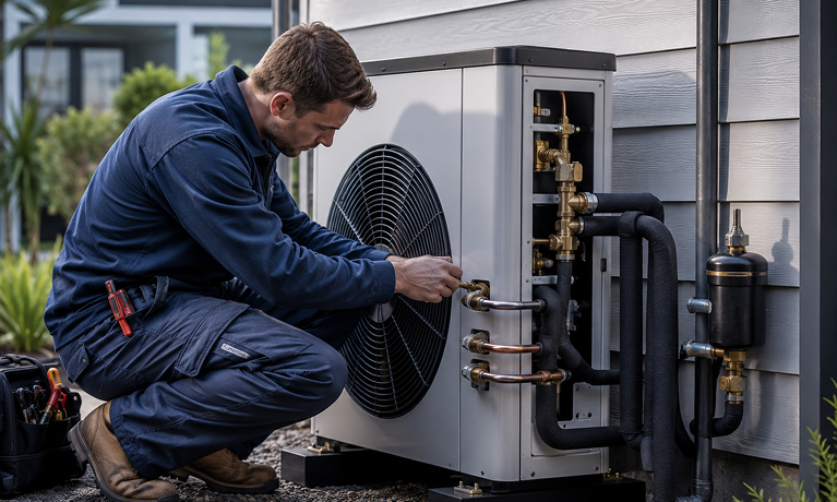Absolute Cool Heat Pump Specialist Technician Servicing Unit